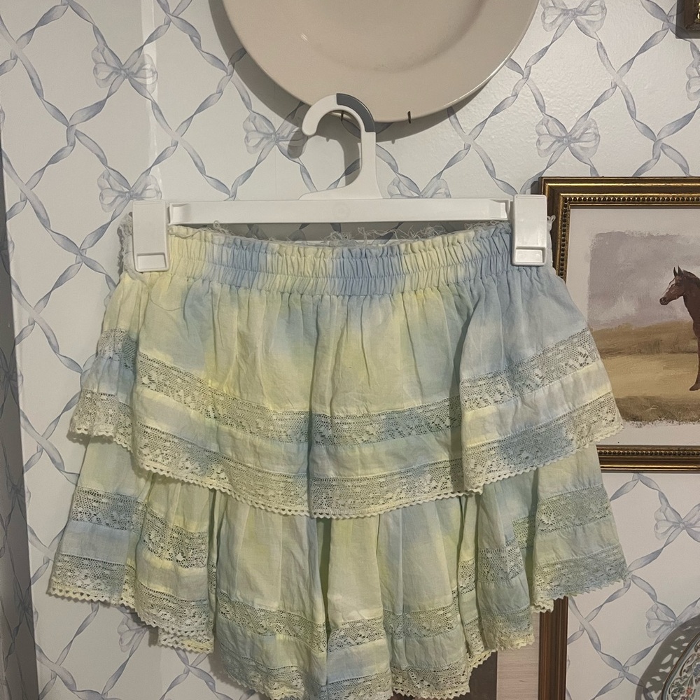 LoveShackFancy Pastel Blue and Yellow Tie-Dye Lace-Trim Circle Skirt